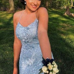 Light Blue Mermaid Prom Dress With Lace And Spaghetti Straps