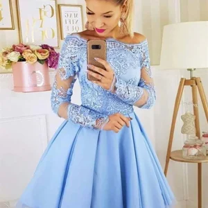 Light Blue Lace Long Sleeve Short Homecoming Graduation Evening Dress