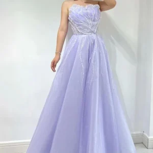 Elegant Lilac Strapless A-Line Tulle Prom Dress with Sequin Bead Embellishments
