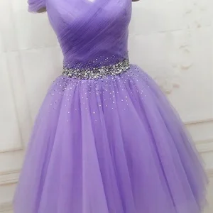Off-Shoulder Short Beaded Purple Prom Dress: Elegant Tulle A-Line Formal Graduation Gown