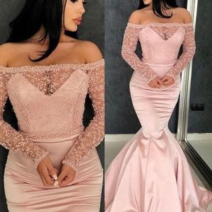 Elegant Off-Shoulder Satin Mermaid Prom Dress with Ruffles and Long Sleeves