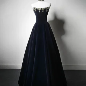 Simple A-Line Velvet Dark Blue Long Prom Dress with Beads