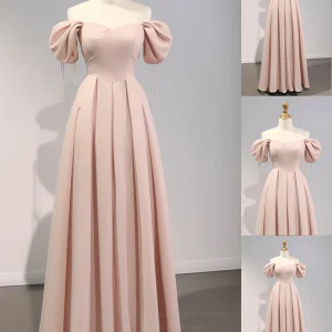 Elegant A-Line Puff Sleeves Pink Satin Long Prom Bridesmaid Dress