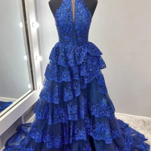 Elegant Halter Tulle Sequin A-Line Prom Dress with Dazzling Split Front