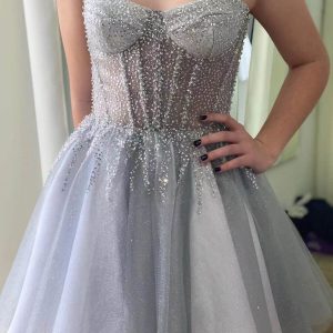 Sparkling Silver Gray Tulle Homecoming Dress Sleeveless Sequin Party Gown