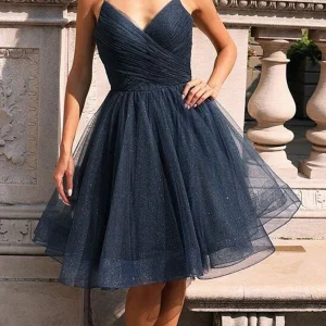 Shiny A-Line V-Neck Dark Blue Short Prom Dress: Elegant Navy Formal Graduation Homecoming