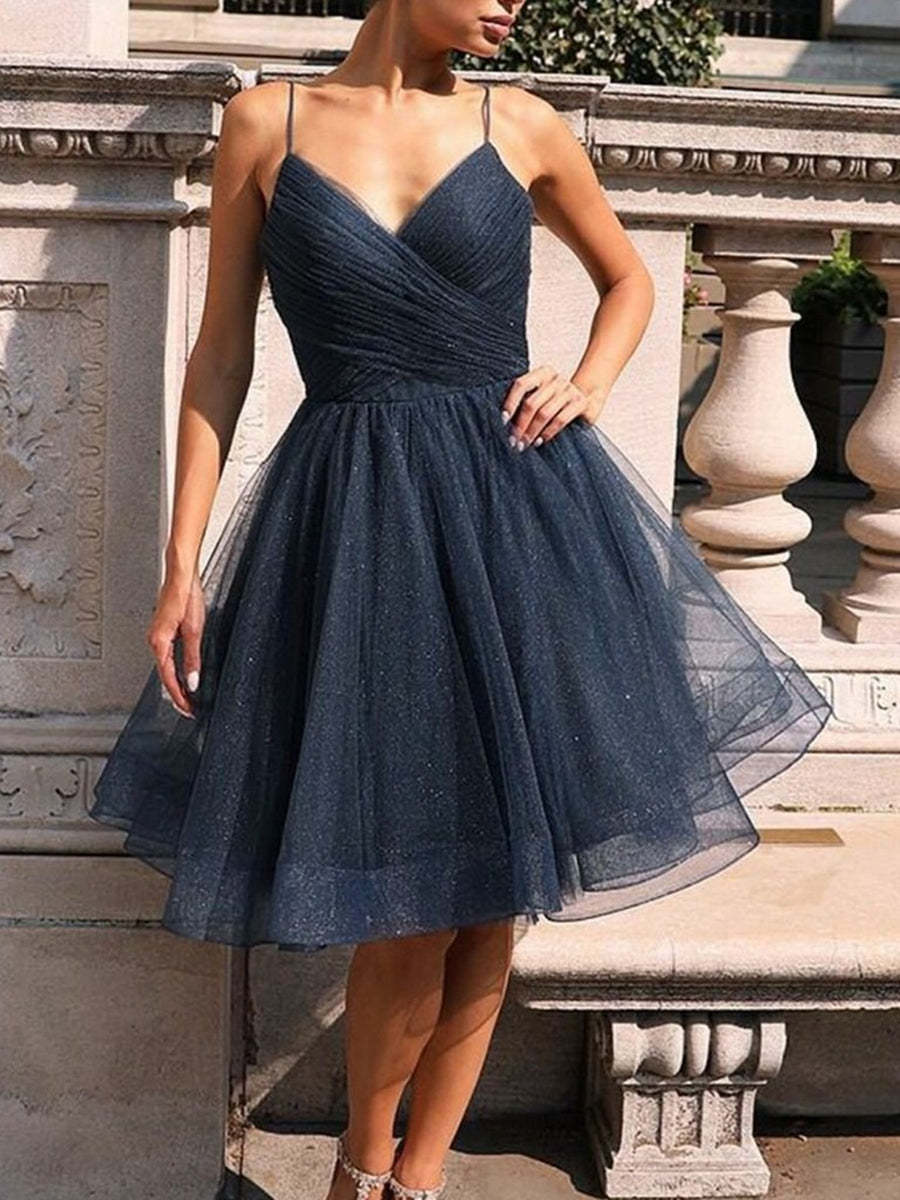 Shiny A-Line V-Neck Dark Blue Short Prom Dress: Elegant Navy Formal Graduation Homecoming - Afbeelding 3