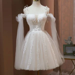 Champagne A Line Tulle Short Off Shoulder Lace Prom Homecoming Dress