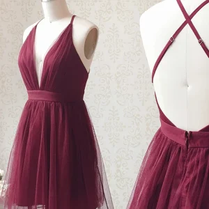 Burgundy V-Neck Short Prom Homecoming Dress Backless Formal Graduation Evening
