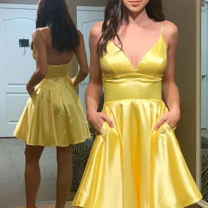 Simple V-Neck Backless Yellow Satin Long Prom Homecoming Graduation Dress