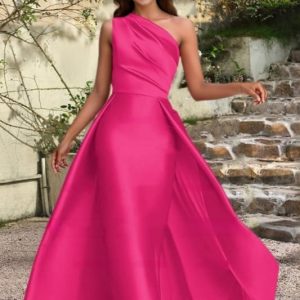 Elegant One-Shoulder Satin Ruched A-Line Prom Dress Long Evening Gown