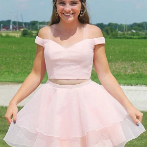 Chic Two-Piece Pink Prom Dress: Off-Shoulder, Short, with Cross Back Design