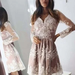 Elegant Champagne Lace Short Prom Dress with Long Sleeves & V-Neck Design