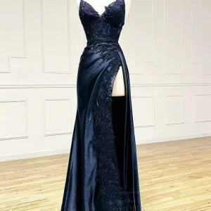 Dark Blue V Neck Satin Lace Long Prom Dress Evening Gowns