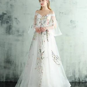 White V Neck Tulle Lace Long Prom Evening Dress