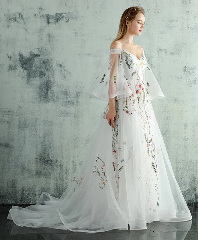 White V Neck Tulle Lace Long Prom Evening Dress - Afbeelding 4